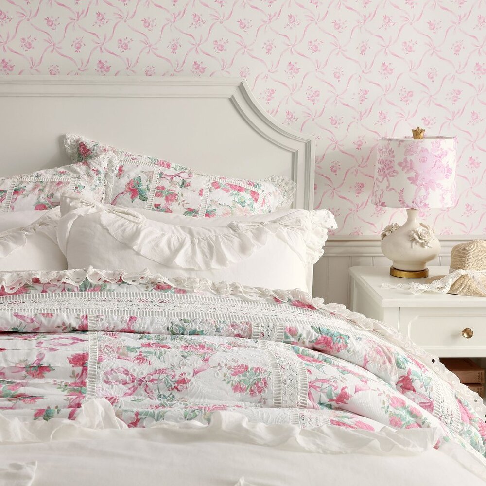 LoveShackFancy Cabbage Rose Quilt Bedding Floral Lace Lace Detail Full Queen NEW